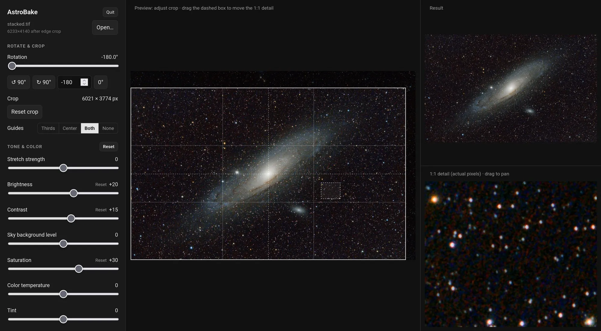 The AstroBake window, with rotate, crop and tone sliders on the left, the crop preview in the middle, and the result and a 1:1 detail view on the right
